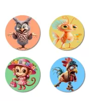 Owl, Goldfish, Monkey, And Rooster. Fridge Magnets Ã¢â‚¬â€œ 4 Piece Set | 3 Inch Round Wall Fridge Decor (F22993)