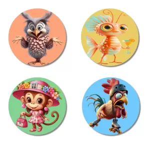 Owl, Goldfish, Monkey, And Rooster. Fridge Magnets – 4 Piece Set | 3 Inch Round Wall Fridge Decor (F22993) Owl, Goldfish, Monkey, And Rooster. Fridge Magnets – 4 Piece Set | 3 Inch Round Wall Fridge Decor (F22993)