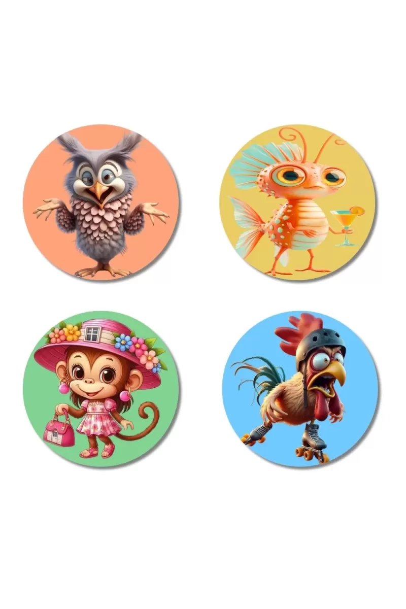 Owl, Goldfish, Monkey, And Rooster. Fridge Magnets Ã¢â‚¬â€œ 4 Piece Set | 3 Inch Round Wall Fridge Decor (F22993)