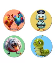 Rooster, Duck, Swan, And Caterpillar. Fridge Magnets Ã¢â‚¬â€œ 4 Piece Set | 3 Inch Round Wall Fridge Decor (F22994)