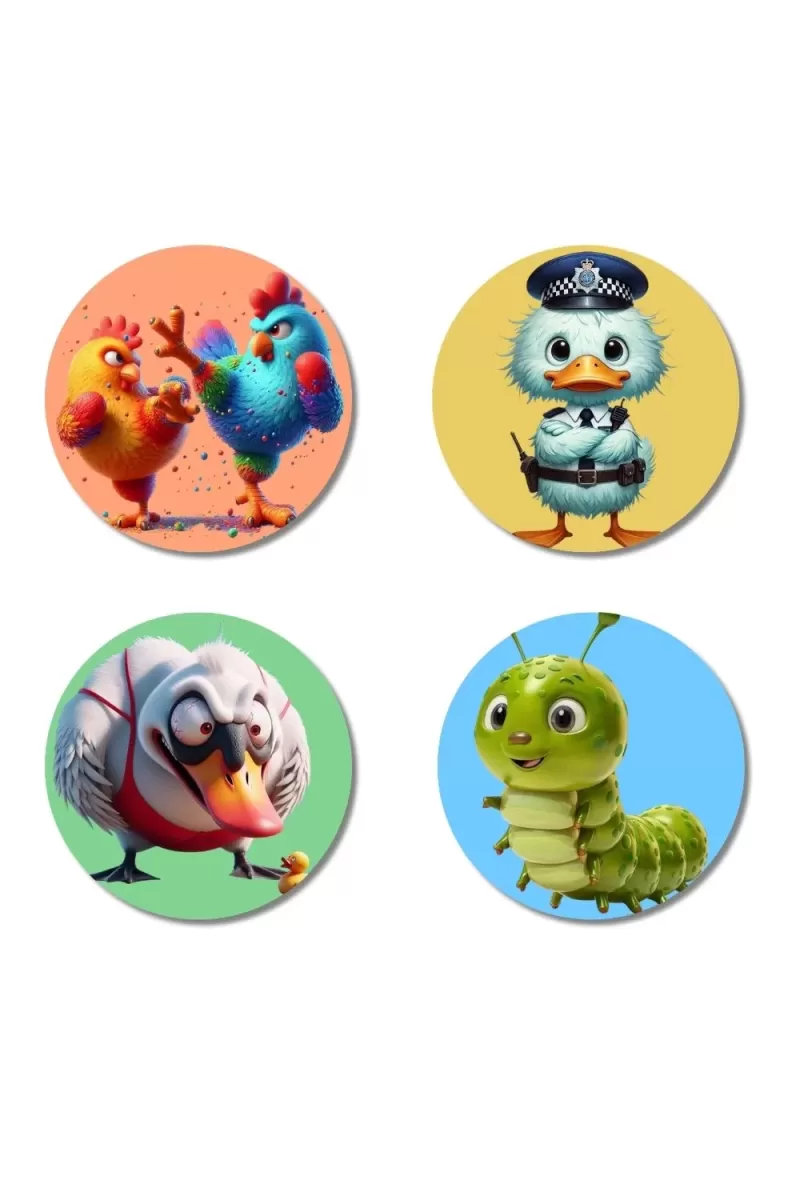 Rooster, Duck, Swan, And Caterpillar. Fridge Magnets Ã¢â‚¬â€œ 4 Piece Set | 3 Inch Round Wall Fridge Decor (F22994)