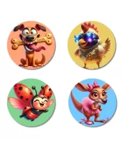 Dog, Chicken, Ladybug, And Kangaroo. Fridge Magnets Ã¢â‚¬â€œ 4 Piece Set | 3 Inch Round Wall Fridge Decor (F22996)