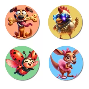 Dog, Chicken, Ladybug, And Kangaroo. Fridge Magnets Ã¢â‚¬â€œ 4 Piece Set | 3 Inch Round Wall Fridge Decor (F22996)