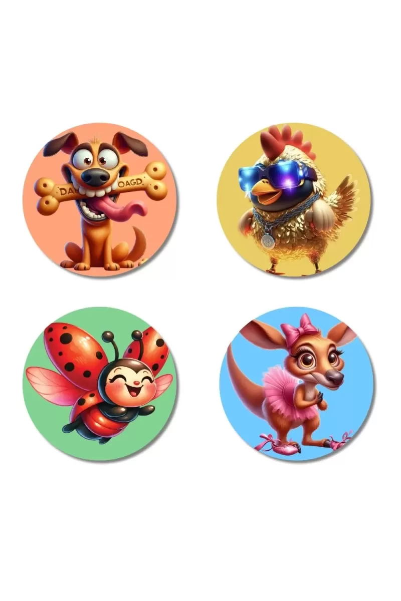 Dog, Chicken, Ladybug, And Kangaroo. Fridge Magnets Ã¢â‚¬â€œ 4 Piece Set | 3 Inch Round Wall Fridge Decor (F22996)