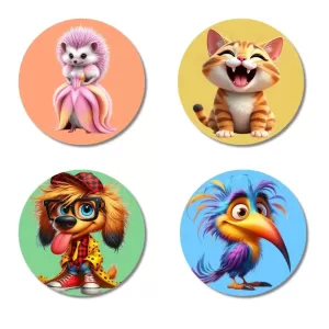 Hedgehog, Cat, Dog, And Toucan. Fridge Magnets Ã¢â‚¬â€œ 4 Piece Set | 3 Inch Round Wall Fridge Decor (F22997)