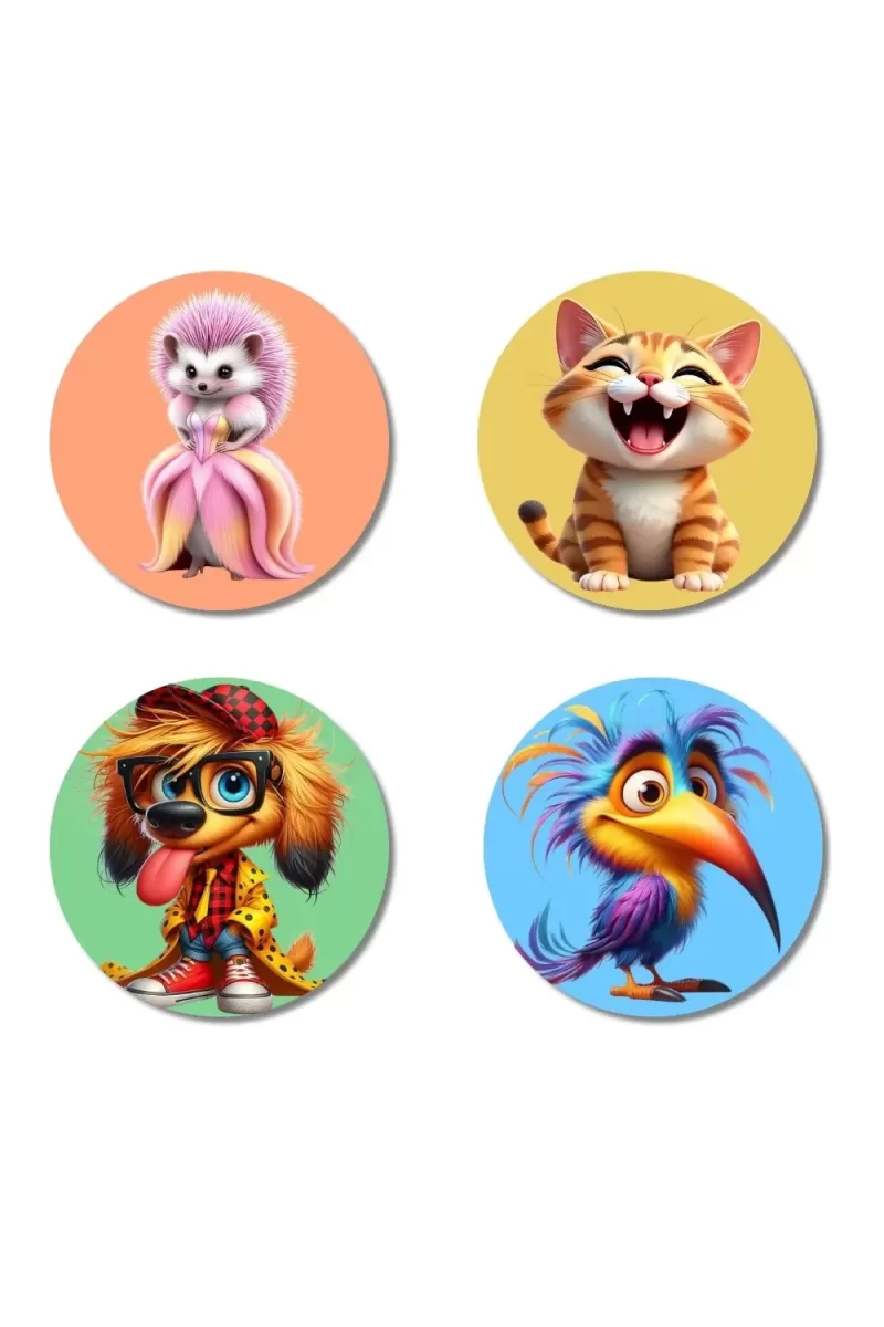 Hedgehog, Cat, Dog, And Toucan. Fridge Magnets Ã¢â‚¬â€œ 4 Piece Set | 3 Inch Round Wall Fridge Decor (F22997)
