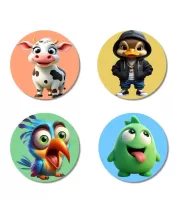 Cow, Duck, Bird, And Alien. Fridge Magnets Ã¢â‚¬â€œ 4 Piece Set | 3 Inch Round Wall Fridge Decor (F22998)
