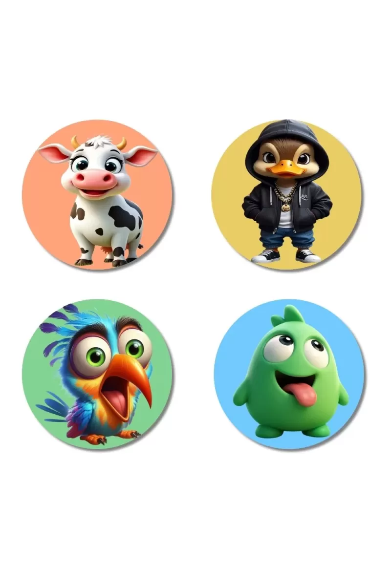 Cow, Duck, Bird, And Alien. Fridge Magnets Ã¢â‚¬â€œ 4 Piece Set | 3 Inch Round Wall Fridge Decor (F22998)