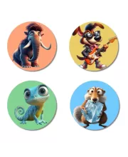 Mammoth, Dog, Chameleon, And Squirrel. Fridge Magnets Ã¢â‚¬â€œ 4 Piece Set | 3 Inch Round Wall Fridge Decor (F22999)