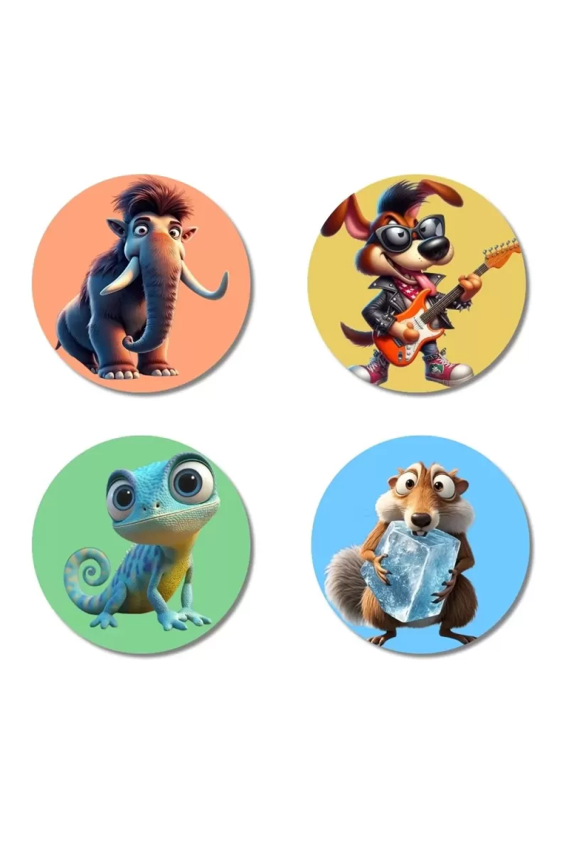 Mammoth, Dog, Chameleon, And Squirrel. Fridge Magnets Ã¢â‚¬â€œ 4 Piece Set | 3 Inch Round Wall Fridge Decor (F22999)
