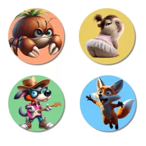 Crab, Squirrel, Dog, And Fox. Fridge Magnets – 4 Piece Set | 3 Inch Round Wall Fridge Decor (F23001) Crab, Squirrel, Dog, And Fox. Fridge Magnets – 4 Piece Set | 3 Inch Round Wall Fridge Decor (F23001)