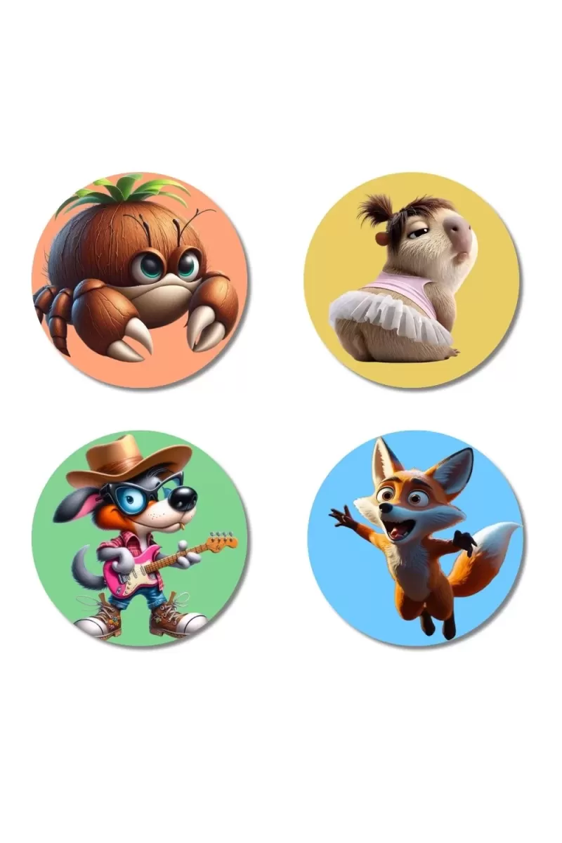 Crab, Squirrel, Dog, And Fox. Fridge Magnets Ã¢â‚¬â€œ 4 Piece Set | 3 Inch Round Wall Fridge Decor (F23001)