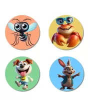 Mosquito, Crab, Dog, And Rabbit. Fridge Magnets Ã¢â‚¬â€œ 4 Piece Set | 3 Inch Round Wall Fridge Decor (F23002)