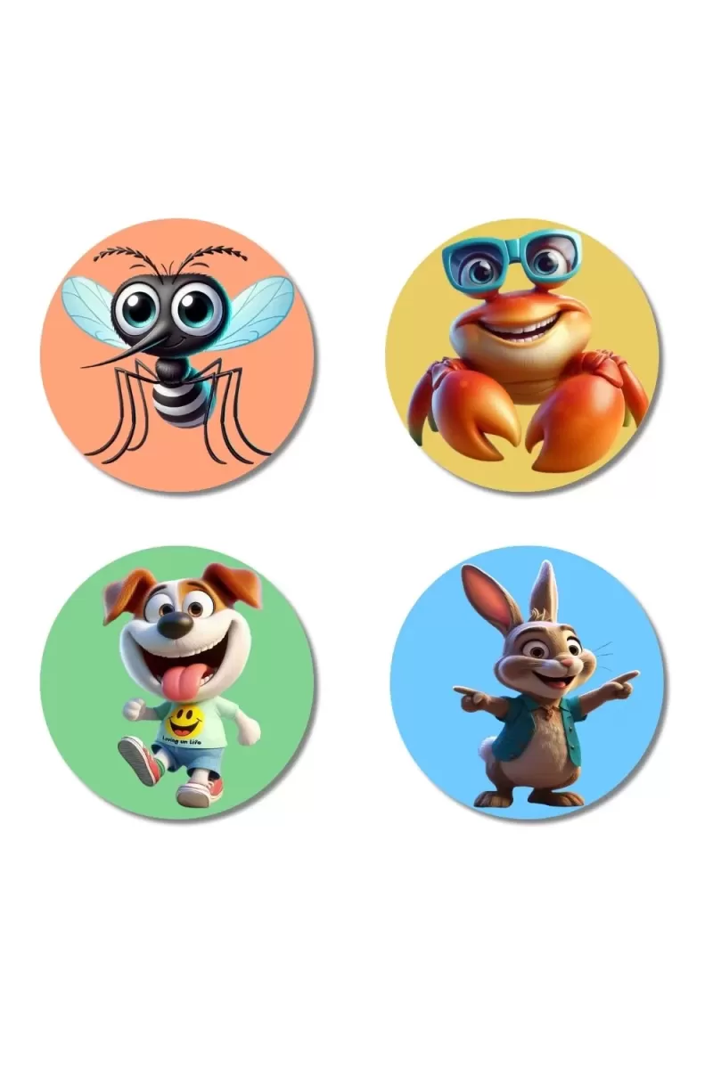 Mosquito, Crab, Dog, And Rabbit. Fridge Magnets Ã¢â‚¬â€œ 4 Piece Set | 3 Inch Round Wall Fridge Decor (F23002)