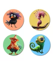 Bird, Flamingo, Rooster, And Chameleon. Fridge Magnets – 4 Piece Set | 3 Inch Round Wall Fridge Decor (F23003) Bird, Flamingo, Rooster, And Chameleon. Fridge Magnets – 4 Piece Set | 3 Inch Round Wall Fridge Decor (F23003)