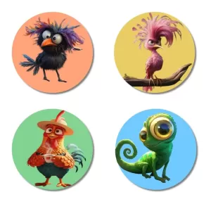 Bird, Flamingo, Rooster, And Chameleon. Fridge Magnets – 4 Piece Set | 3 Inch Round Wall Fridge Decor (F23003) Bird, Flamingo, Rooster, And Chameleon. Fridge Magnets – 4 Piece Set | 3 Inch Round Wall Fridge Decor (F23003)