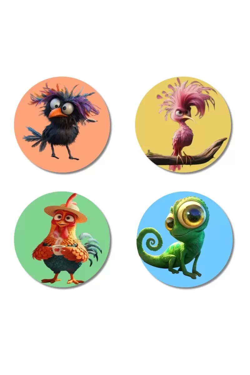 Bird, Flamingo, Rooster, And Chameleon. Fridge Magnets Ã¢â‚¬â€œ 4 Piece Set | 3 Inch Round Wall Fridge Decor (F23003)
