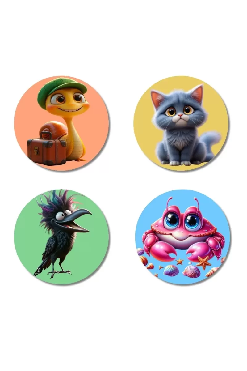 Snake, Cat, Crow, And Crab. Fridge Magnets Ã¢â‚¬â€œ 4 Piece Set | 3 Inch Round Wall Fridge Decor (F23004)