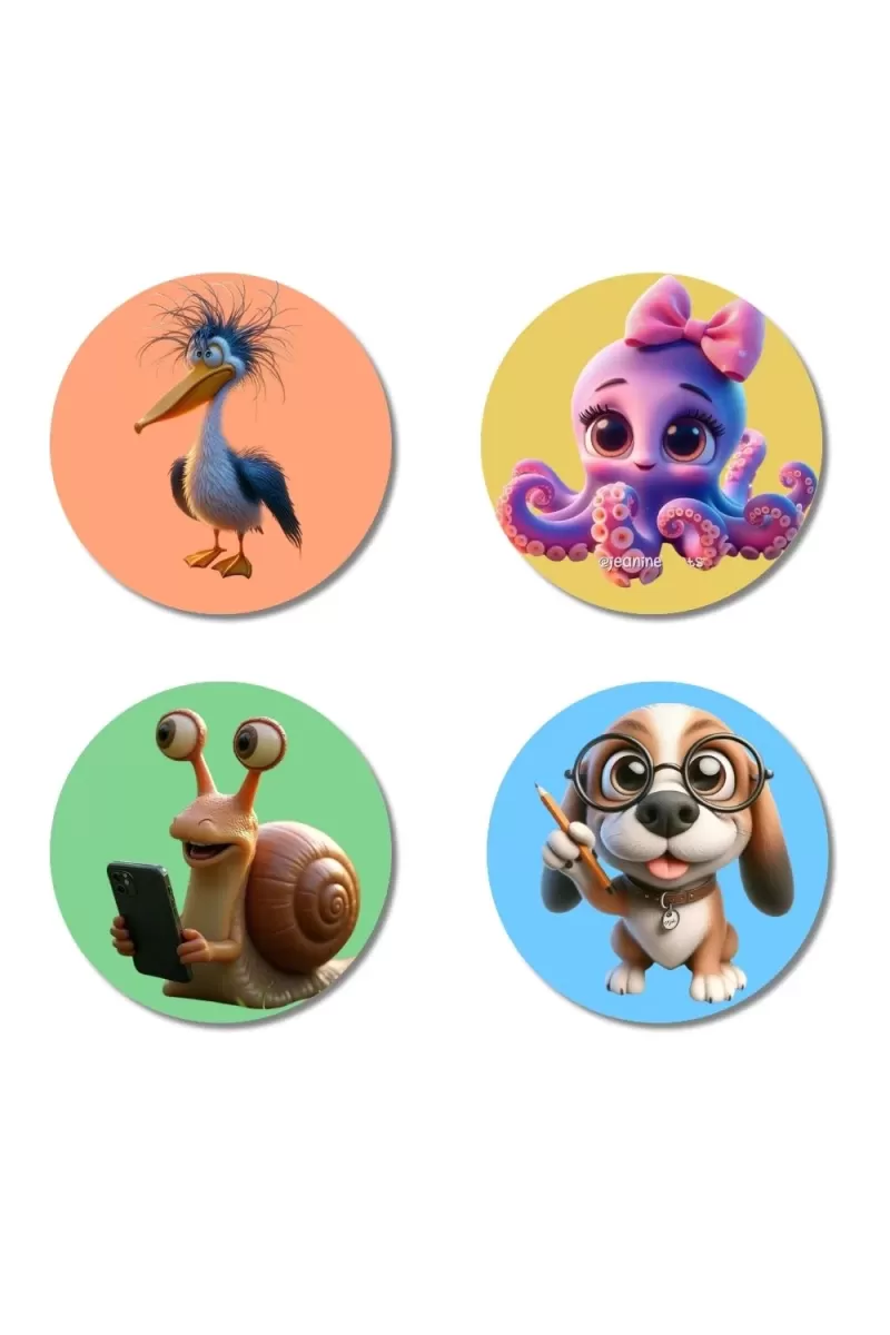 Bird, Octopus, Snail, And Dog. Fridge Magnets Ã¢â‚¬â€œ 4 Piece Set | 3 Inch Round Wall Fridge Decor (F23005)