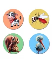 Cow, Mosquito, Squirrel, And Stork. Fridge Magnets Ã¢â‚¬â€œ 4 Piece Set | 3 Inch Round Wall Fridge Decor (F23006)