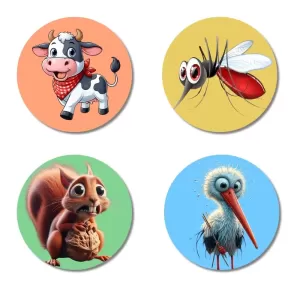 Cow, Mosquito, Squirrel, And Stork. Fridge Magnets Ã¢â‚¬â€œ 4 Piece Set | 3 Inch Round Wall Fridge Decor (F23006)