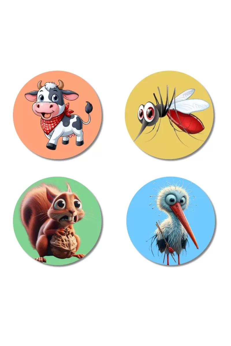 Cow, Mosquito, Squirrel, And Stork. Fridge Magnets Ã¢â‚¬â€œ 4 Piece Set | 3 Inch Round Wall Fridge Decor (F23006)