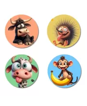 Bull, Hedgehog, Cow, And Monkey. Fridge Magnets Ã¢â‚¬â€œ 4 Piece Set | 3 Inch Round Wall Fridge Decor (F23008)