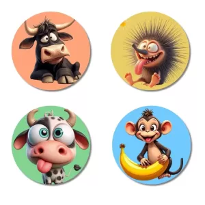 Bull, Hedgehog, Cow, And Monkey. Fridge Magnets – 4 Piece Set | 3 Inch Round Wall Fridge Decor (F23008) Bull, Hedgehog, Cow, And Monkey. Fridge Magnets – 4 Piece Set | 3 Inch Round Wall Fridge Decor (F23008)