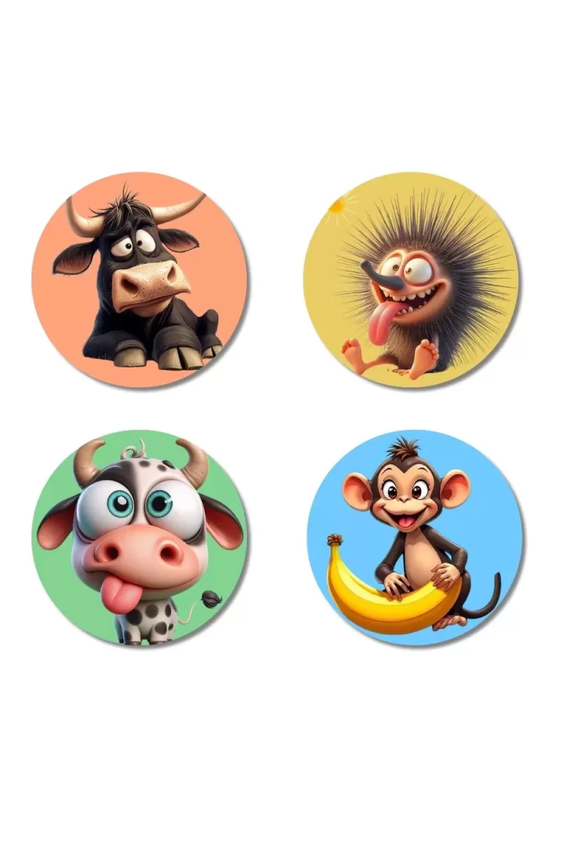 Bull, Hedgehog, Cow, And Monkey. Fridge Magnets Ã¢â‚¬â€œ 4 Piece Set | 3 Inch Round Wall Fridge Decor (F23008)
