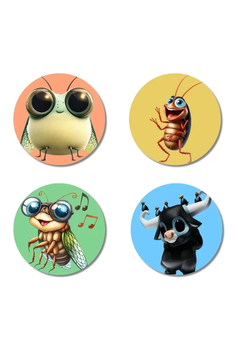 Fly, Cockroach, Cicada, And Yak. Fridge Magnets Ã¢â‚¬â€œ 4 Piece Set | 3 Inch Round Wall Fridge Decor (F23009)