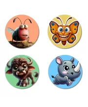 Bull, Hedgehog, Cow, And Monkey. Fridge Magnets Ã¢â‚¬â€œ 4 Piece Set | 3 Inch Round Wall Fridge Decor (F23010)