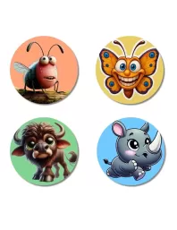 Bull, Hedgehog, Cow, And Monkey. Fridge Magnets Ã¢â‚¬â€œ 4 Piece Set | 3 Inch Round Wall Fridge Decor (F23010)
