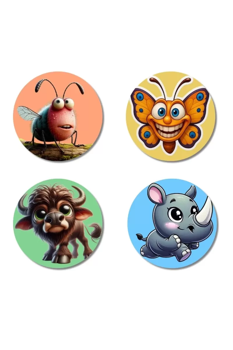 Bull, Hedgehog, Cow, And Monkey. Fridge Magnets Ã¢â‚¬â€œ 4 Piece Set | 3 Inch Round Wall Fridge Decor (F23010)