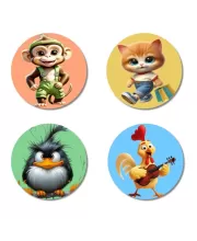 Monkey, Cat, Bird, And Rooster. Fridge Magnets Ã¢â‚¬â€œ 4 Piece Set | 3 Inch Round Wall Fridge Decor (F23011)