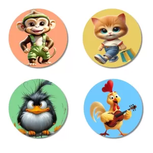 Monkey, Cat, Bird, And Rooster. Fridge Magnets – 4 Piece Set | 3 Inch Round Wall Fridge Decor (F23011) Monkey, Cat, Bird, And Rooster. Fridge Magnets – 4 Piece Set | 3 Inch Round Wall Fridge Decor (F23011)