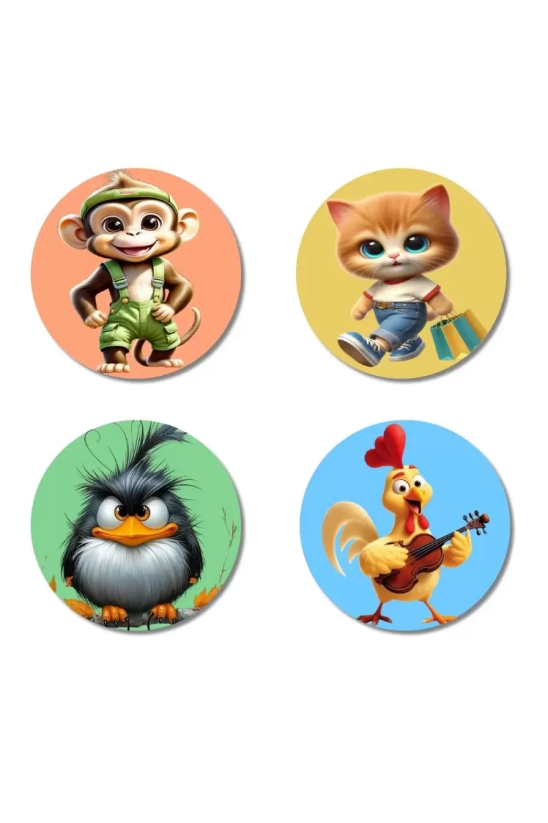 Monkey, Cat, Bird, And Rooster. Fridge Magnets Ã¢â‚¬â€œ 4 Piece Set | 3 Inch Round Wall Fridge Decor (F23011)