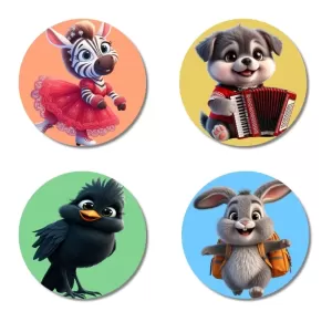 Zebra, Dog, Bird, And Rabbit. Fridge Magnets – 4 Piece Set | 3 Inch Round Wall Fridge Decor (F23012) Zebra, Dog, Bird, And Rabbit. Fridge Magnets – 4 Piece Set | 3 Inch Round Wall Fridge Decor (F23012)