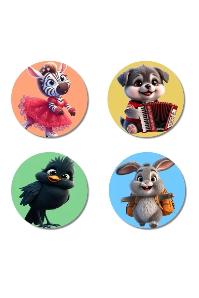 Zebra, Dog, Bird, And Rabbit. Fridge Magnets Ã¢â‚¬â€œ 4 Piece Set | 3 Inch Round Wall Fridge Decor (F23012)