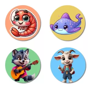 Shrimp, Stingray, Cat, And Goat. Fridge Magnets – 4 Piece Set | 3 Inch Round Wall Fridge Decor (F23013) Shrimp, Stingray, Cat, And Goat. Fridge Magnets – 4 Piece Set | 3 Inch Round Wall Fridge Decor (F23013)