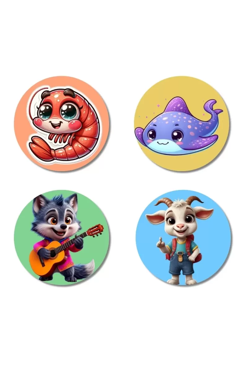 Shrimp, Stingray, Cat, And Goat. Fridge Magnets Ã¢â‚¬â€œ 4 Piece Set | 3 Inch Round Wall Fridge Decor (F23013)