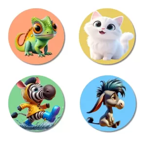 Chameleon, Cat, Zebra, And Donkey. Fridge Magnets – 4 Piece Set | 3 Inch Round Wall Fridge Decor (F23015) Chameleon, Cat, Zebra, And Donkey. Fridge Magnets – 4 Piece Set | 3 Inch Round Wall Fridge Decor (F23015)