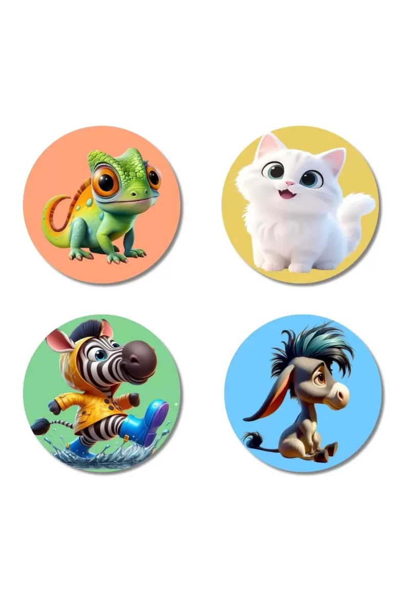 Chameleon, Cat, Zebra, And Donkey. Fridge Magnets Ã¢â‚¬â€œ 4 Piece Set | 3 Inch Round Wall Fridge Decor (F23015)