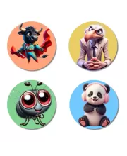 Bull, Vulture, Fly, And Panda. Fridge Magnets Ã¢â‚¬â€œ 4 Piece Set | 3 Inch Round Wall Fridge Decor (F23016)