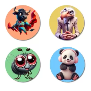 Bull, Vulture, Fly, And Panda. Fridge Magnets Ã¢â‚¬â€œ 4 Piece Set | 3 Inch Round Wall Fridge Decor (F23016)