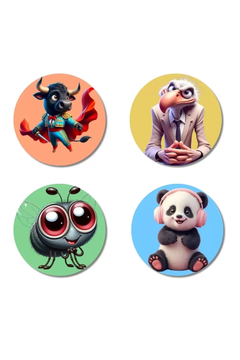 Bull, Vulture, Fly, And Panda. Fridge Magnets Ã¢â‚¬â€œ 4 Piece Set | 3 Inch Round Wall Fridge Decor (F23016)
