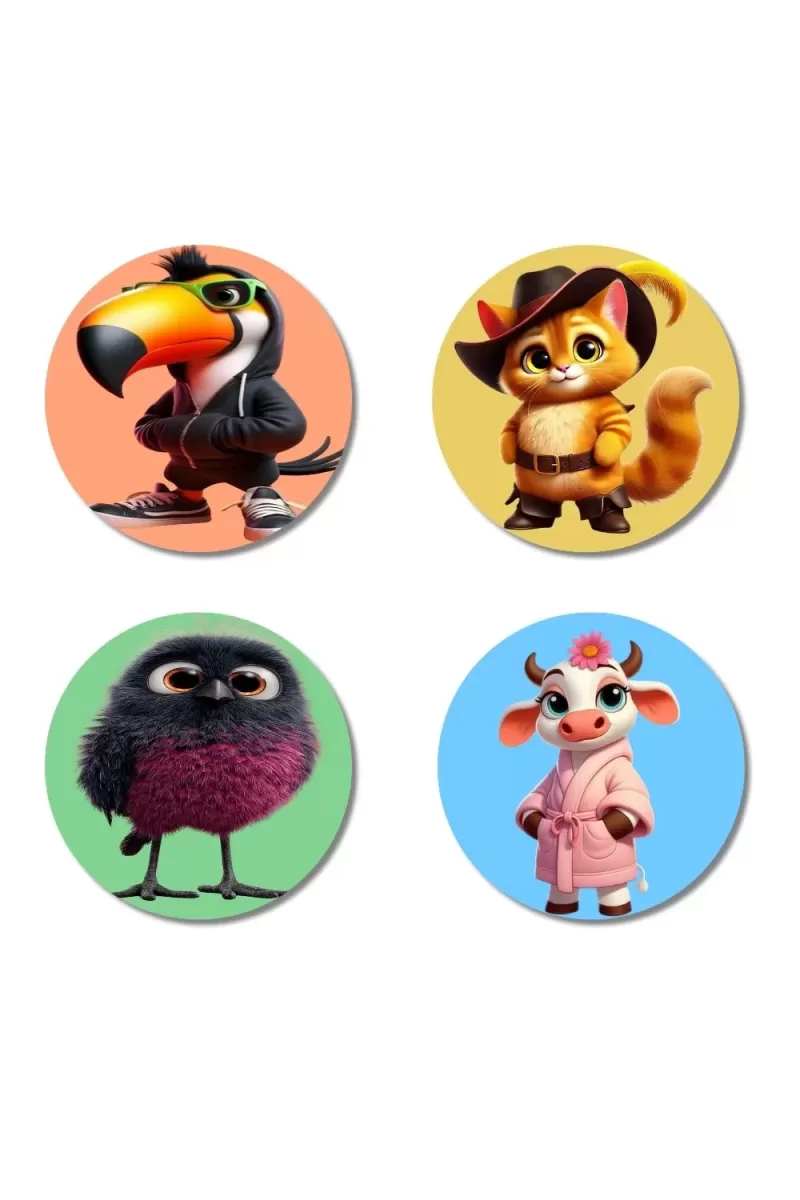 Toucan, Squirrel, Bird, And Cow. Fridge Magnets Ã¢â‚¬â€œ 4 Piece Set | 3 Inch Round Wall Fridge Decor (F23018)