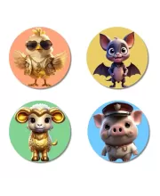 Chick, Bat, Sheep, And Pig. Fridge Magnets Ã¢â‚¬â€œ 4 Piece Set | 3 Inch Round Wall Fridge Decor (F23019)