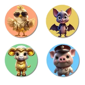Chick, Bat, Sheep, And Pig. Fridge Magnets – 4 Piece Set | 3 Inch Round Wall Fridge Decor (F23019) Chick, Bat, Sheep, And Pig. Fridge Magnets – 4 Piece Set | 3 Inch Round Wall Fridge Decor (F23019)