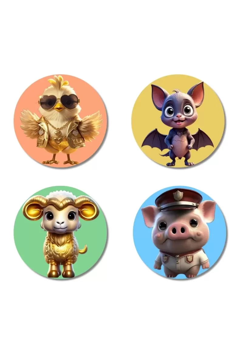 Chick, Bat, Sheep, And Pig. Fridge Magnets Ã¢â‚¬â€œ 4 Piece Set | 3 Inch Round Wall Fridge Decor (F23019)