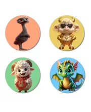 Emu, Sheep, Ram, And Dragon. Fridge Magnets Ã¢â‚¬â€œ 4 Piece Set | 3 Inch Round Wall Fridge Decor (F23020)